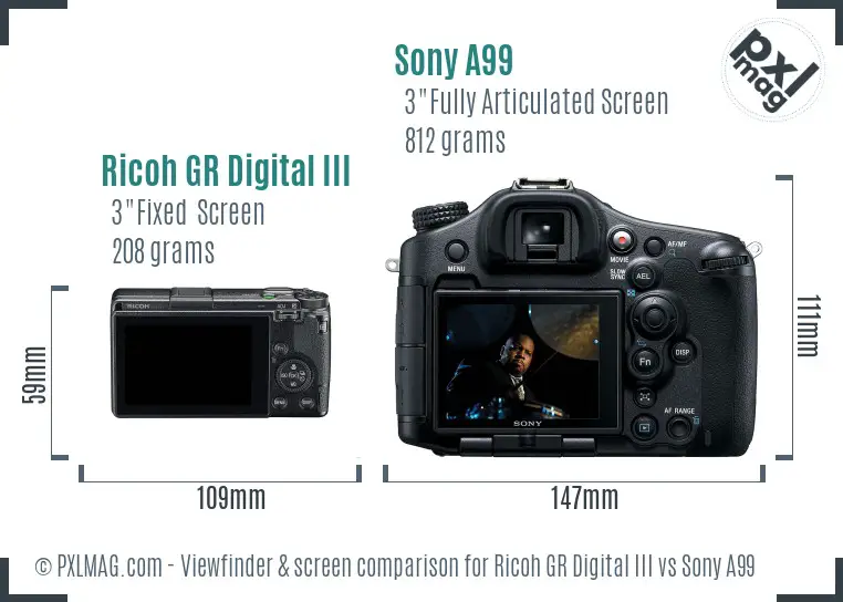 Ricoh GR Digital III vs Sony A99 Screen and Viewfinder comparison