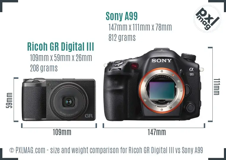 Ricoh GR Digital III vs Sony A99 size comparison