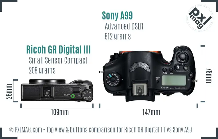 Ricoh GR Digital III vs Sony A99 top view buttons comparison