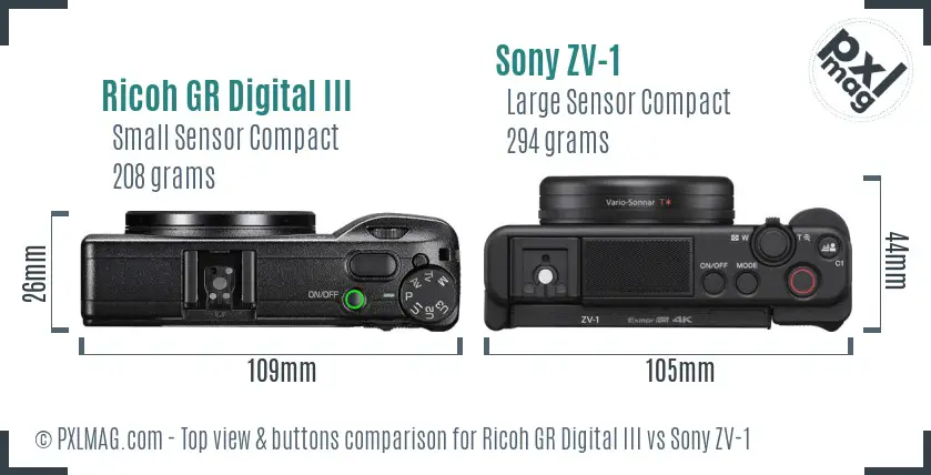 Ricoh GR Digital III vs Sony ZV-1 top view buttons comparison