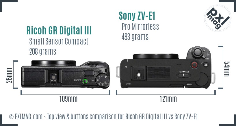 Ricoh GR Digital III vs Sony ZV-E1 top view buttons comparison
