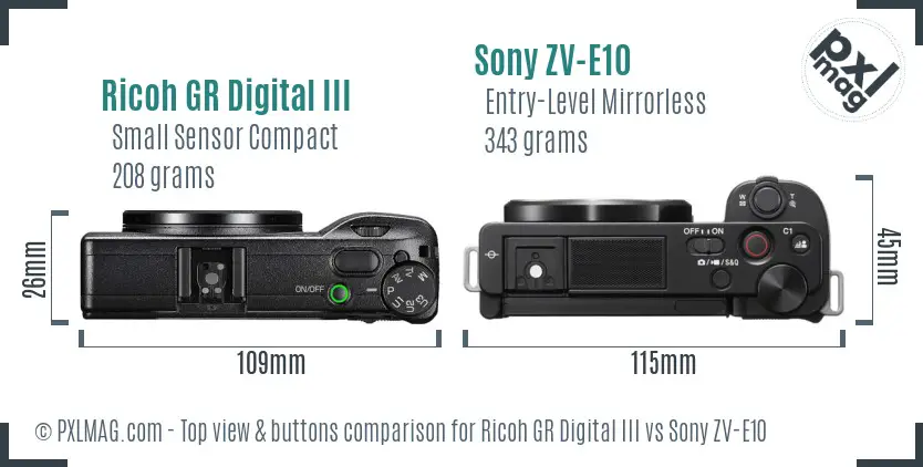Ricoh GR Digital III vs Sony ZV-E10 top view buttons comparison Ricoh GR Digital III vs Sony ZV-E10 top view buttons comparison