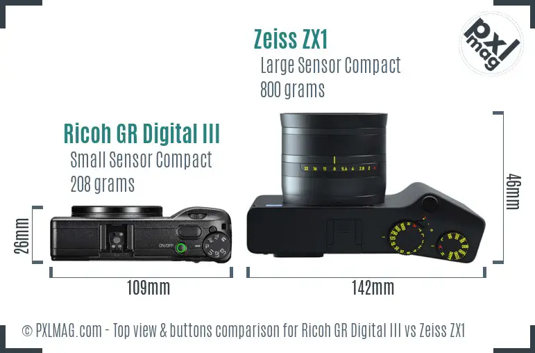 Ricoh GR Digital III vs Zeiss ZX1 top view buttons comparison