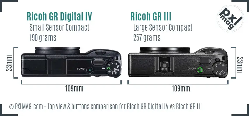 Ricoh GR Digital IV vs Ricoh GR III top view buttons comparison