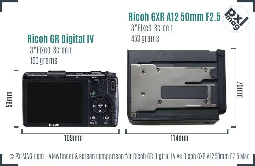 Ricoh GR Digital IV vs Ricoh GXR A12 50mm F2.5 Macro Screen and Viewfinder comparison