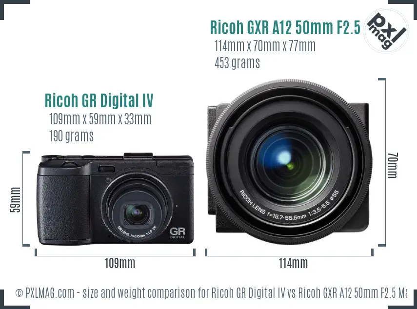 Ricoh GR Digital IV vs Ricoh GXR A12 50mm F2.5 Macro size comparison