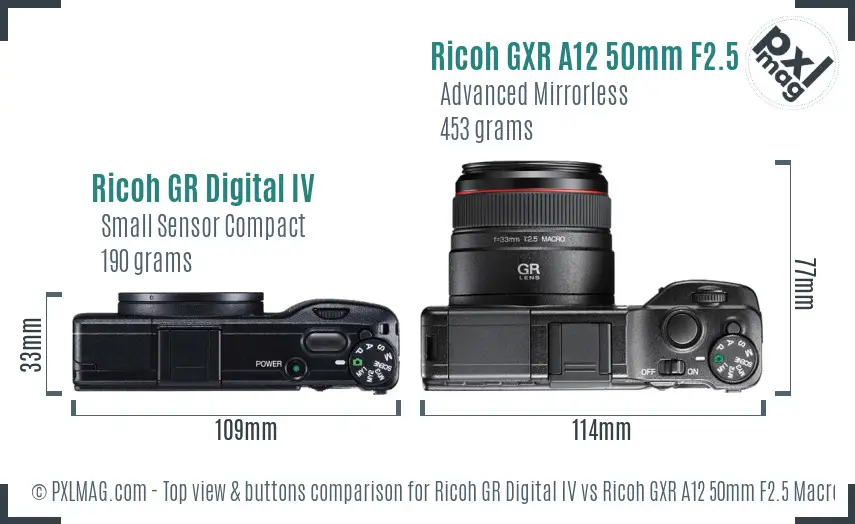 Ricoh GR Digital IV vs Ricoh GXR A12 50mm F2.5 Macro top view buttons comparison