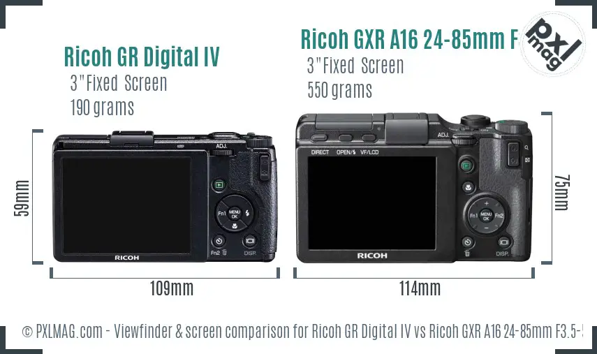 Ricoh GR Digital IV vs Ricoh GXR A16 24-85mm F3.5-5.5 Screen and Viewfinder comparison