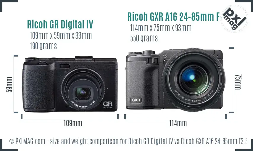 Ricoh GR Digital IV vs Ricoh GXR A16 24-85mm F3.5-5.5 size comparison