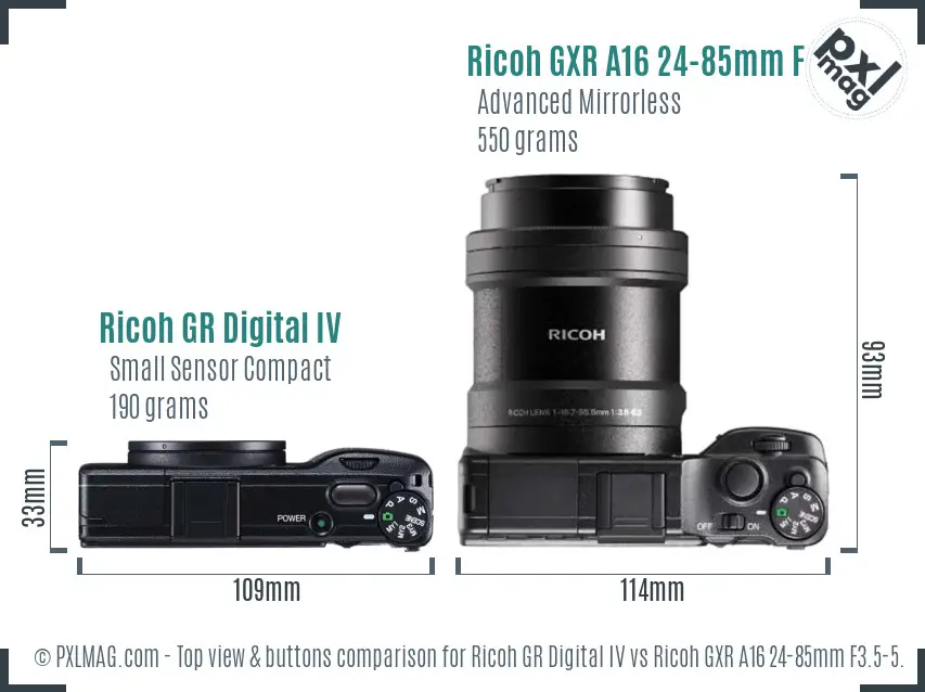 Ricoh GR Digital IV vs Ricoh GXR A16 24-85mm F3.5-5.5 top view buttons comparison
