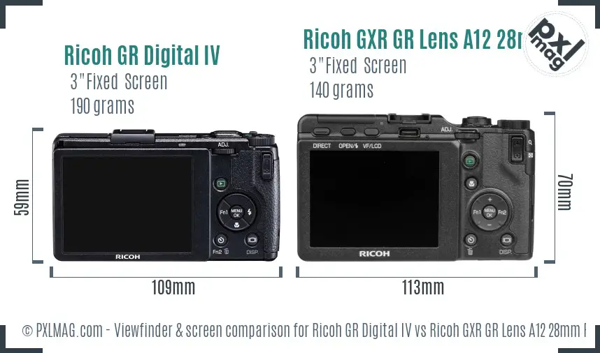 Ricoh GR Digital IV vs Ricoh GXR GR Lens A12 28mm F2.5 Screen and Viewfinder comparison