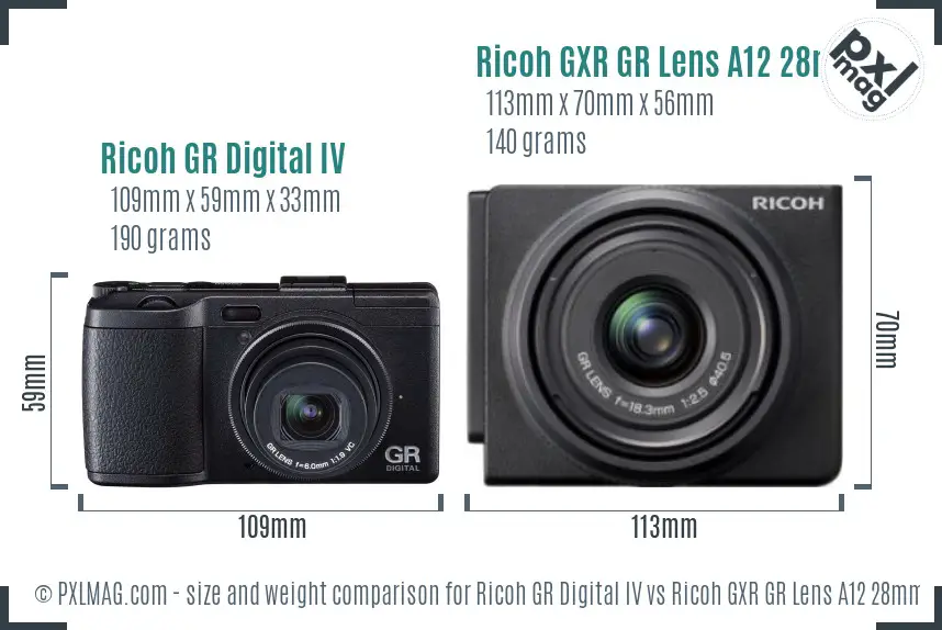 Ricoh GR Digital IV vs Ricoh GXR GR Lens A12 28mm F2.5 size comparison