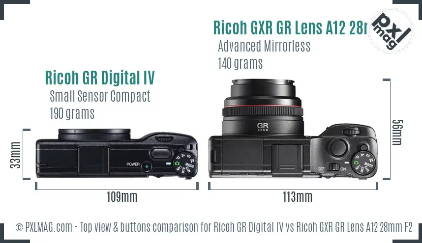 Ricoh GR Digital IV vs Ricoh GXR GR Lens A12 28mm F2.5 top view buttons comparison