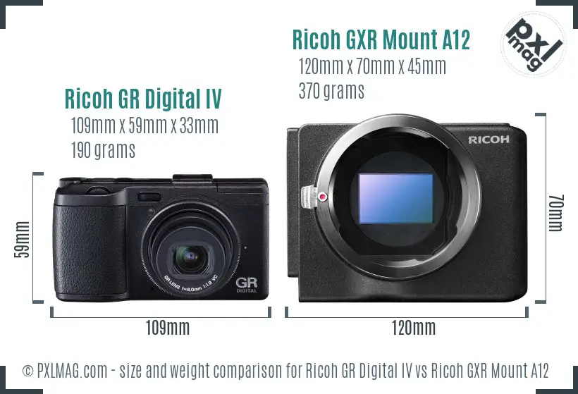 Ricoh GR Digital IV vs Ricoh GXR Mount A12 size comparison