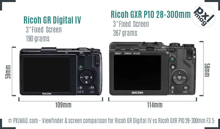 Ricoh GR Digital IV vs Ricoh GXR P10 28-300mm F3.5-5.6 VC Screen and Viewfinder comparison