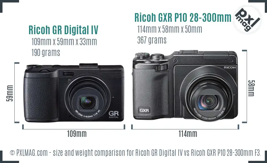Ricoh GR Digital IV vs Ricoh GXR P10 28-300mm F3.5-5.6 VC size comparison