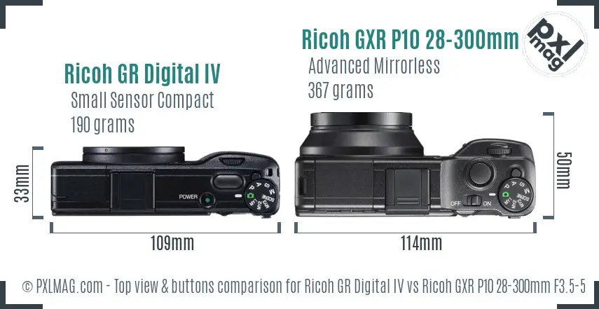 Ricoh GR Digital IV vs Ricoh GXR P10 28-300mm F3.5-5.6 VC top view buttons comparison