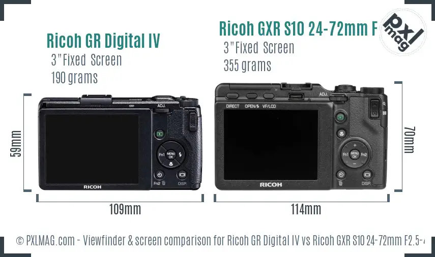 Ricoh GR Digital IV vs Ricoh GXR S10 24-72mm F2.5-4.4 VC Screen and Viewfinder comparison