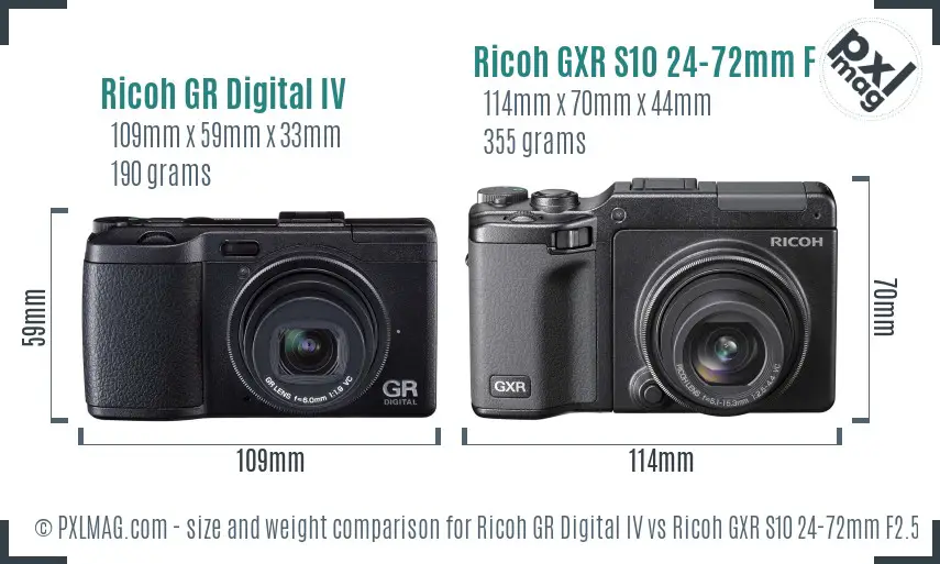 Ricoh GR Digital IV vs Ricoh GXR S10 24-72mm F2.5-4.4 VC size comparison