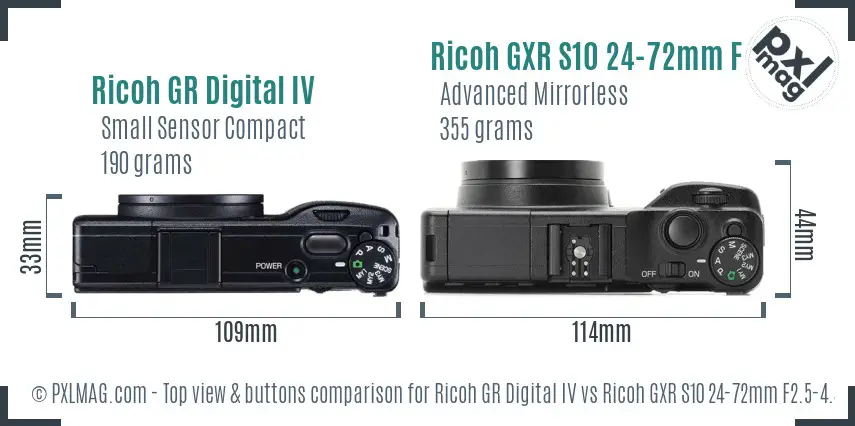 Ricoh GR Digital IV vs Ricoh GXR S10 24-72mm F2.5-4.4 VC top view buttons comparison