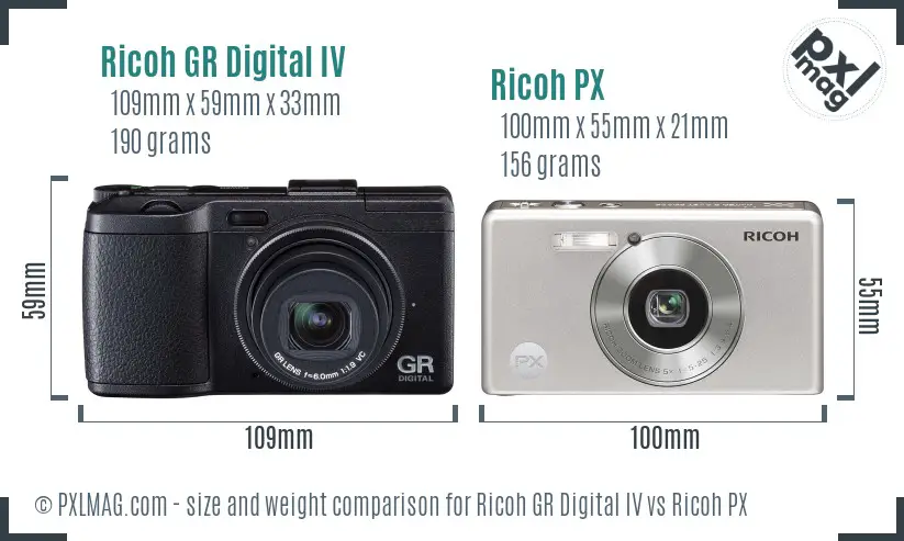 Ricoh GR Digital IV vs Ricoh PX size comparison