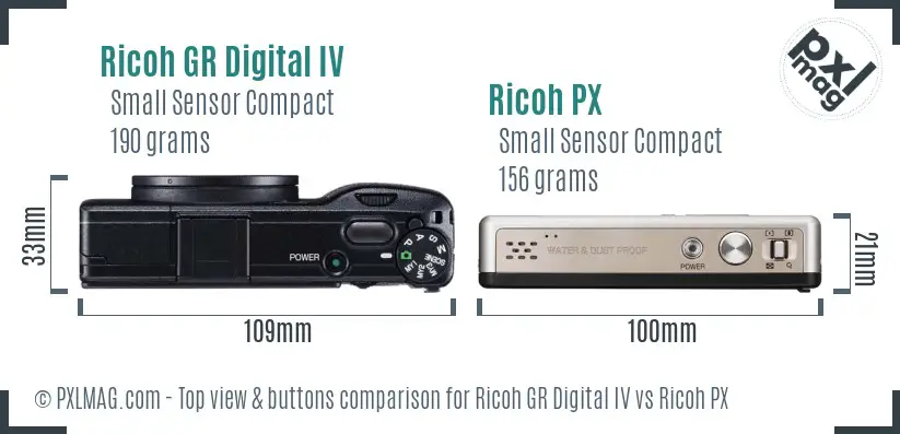 Ricoh GR Digital IV vs Ricoh PX top view buttons comparison