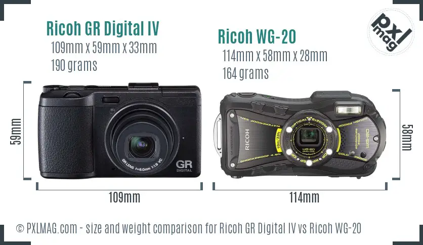 Ricoh GR Digital IV vs Ricoh WG-20 size comparison