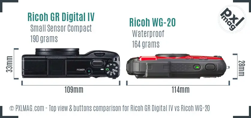 Ricoh GR Digital IV vs Ricoh WG-20 top view buttons comparison