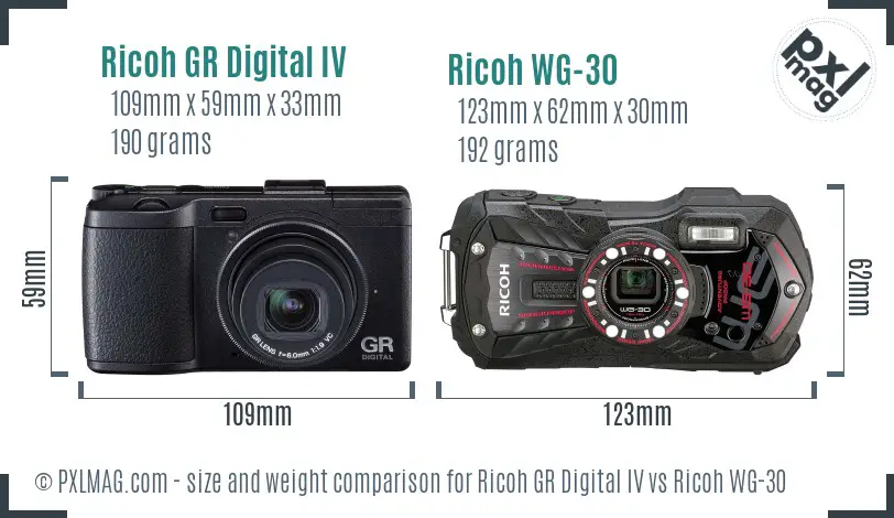 Ricoh GR Digital IV vs Ricoh WG-30 size comparison