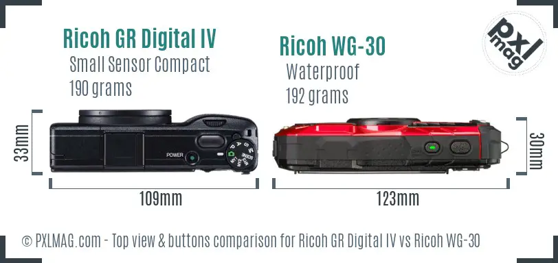 Ricoh GR Digital IV vs Ricoh WG-30 top view buttons comparison