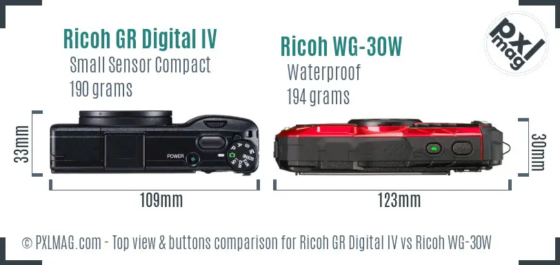Ricoh GR Digital IV vs Ricoh WG-30W top view buttons comparison