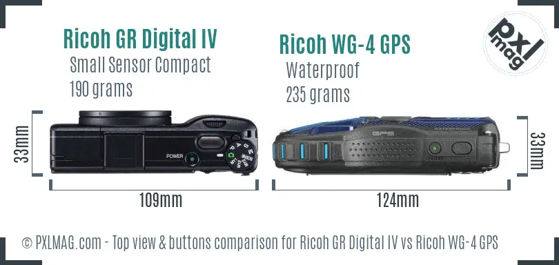 Ricoh GR Digital IV vs Ricoh WG-4 GPS top view buttons comparison