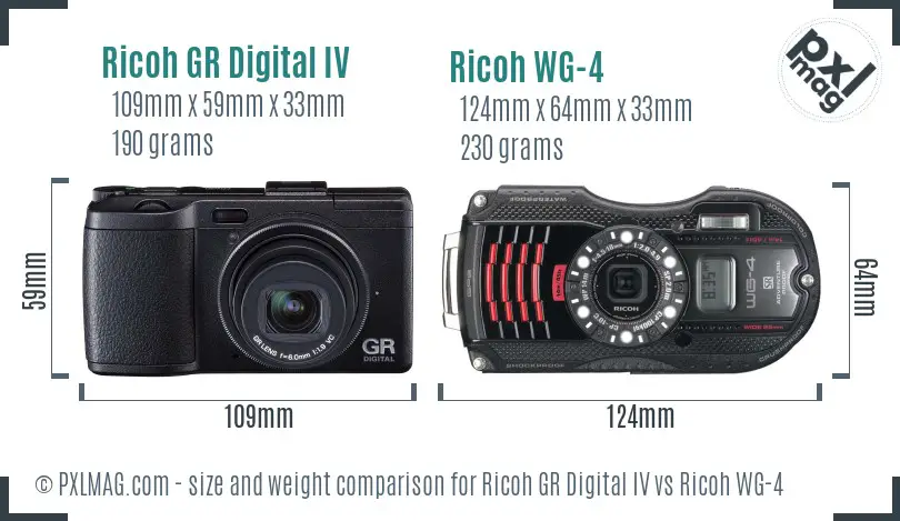 Ricoh GR Digital IV vs Ricoh WG-4 size comparison