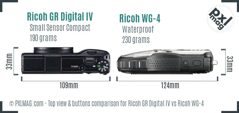Ricoh GR Digital IV vs Ricoh WG-4 top view buttons comparison