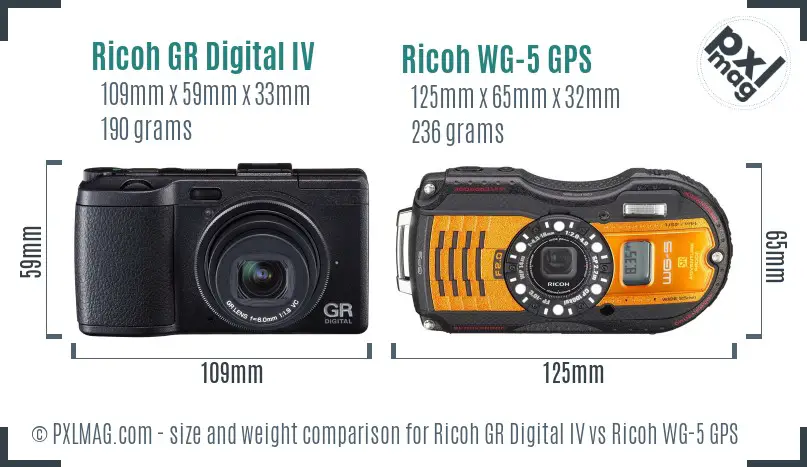 Ricoh GR Digital IV vs Ricoh WG-5 GPS size comparison