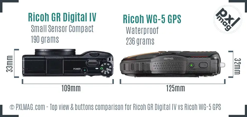 Ricoh GR Digital IV vs Ricoh WG-5 GPS top view buttons comparison