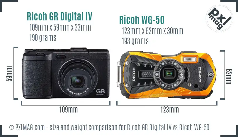 Ricoh GR Digital IV vs Ricoh WG-50 size comparison