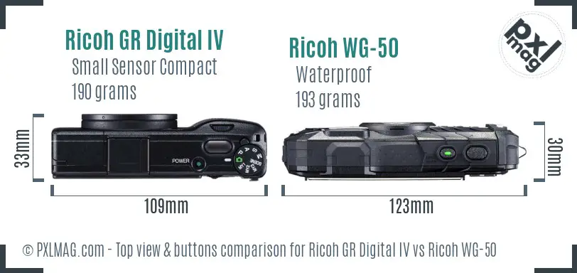 Ricoh GR Digital IV vs Ricoh WG-50 top view buttons comparison