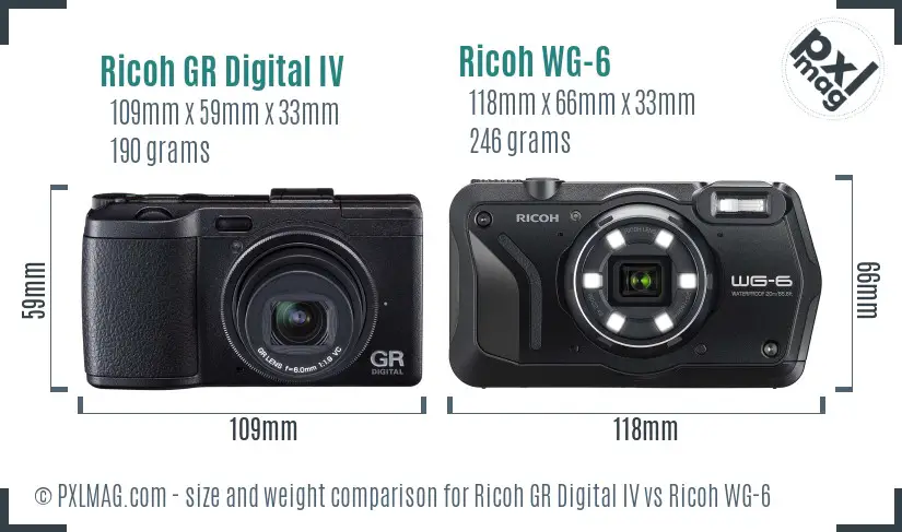 Ricoh GR Digital IV vs Ricoh WG-6 size comparison