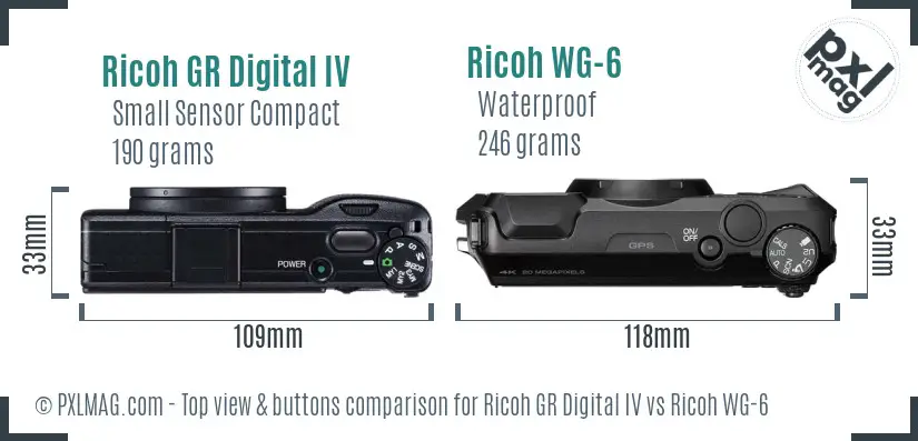 Ricoh GR Digital IV vs Ricoh WG-6 top view buttons comparison