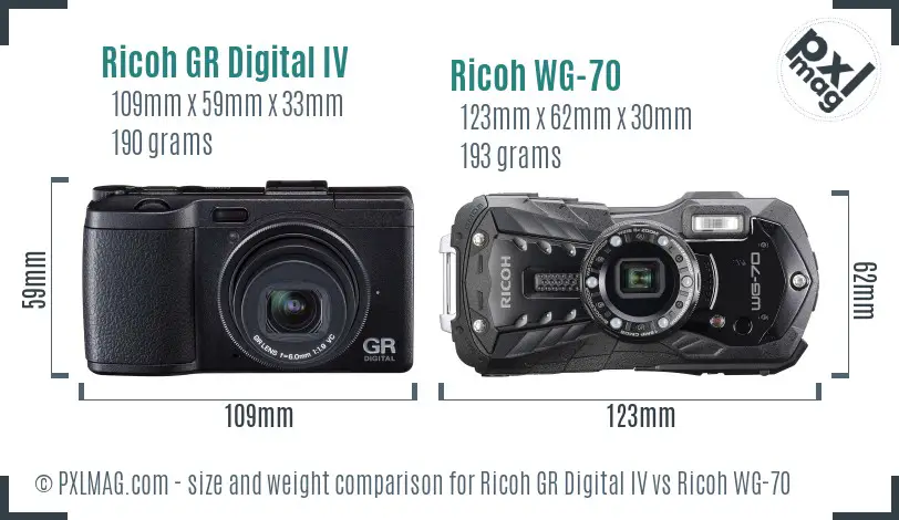Ricoh GR Digital IV vs Ricoh WG-70 size comparison