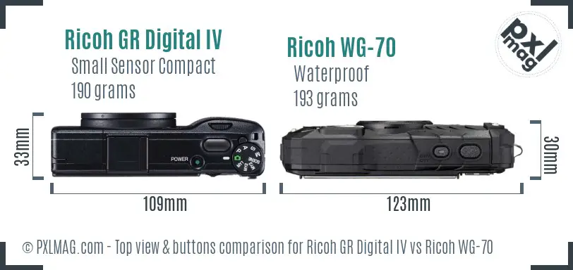 Ricoh GR Digital IV vs Ricoh WG-70 top view buttons comparison