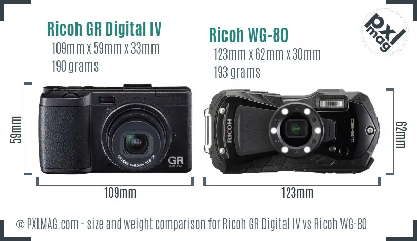 Ricoh GR Digital IV vs Ricoh WG-80 size comparison