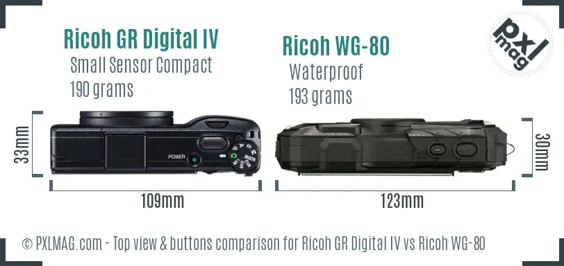 Ricoh GR Digital IV vs Ricoh WG-80 top view buttons comparison