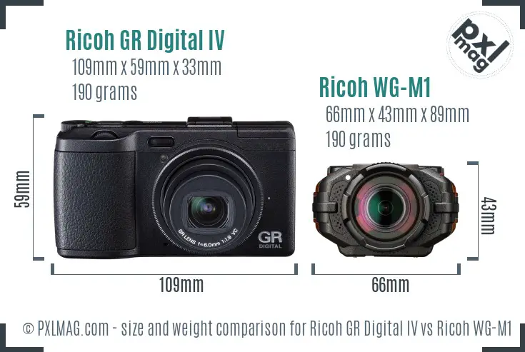 Ricoh GR Digital IV vs Ricoh WG-M1 size comparison