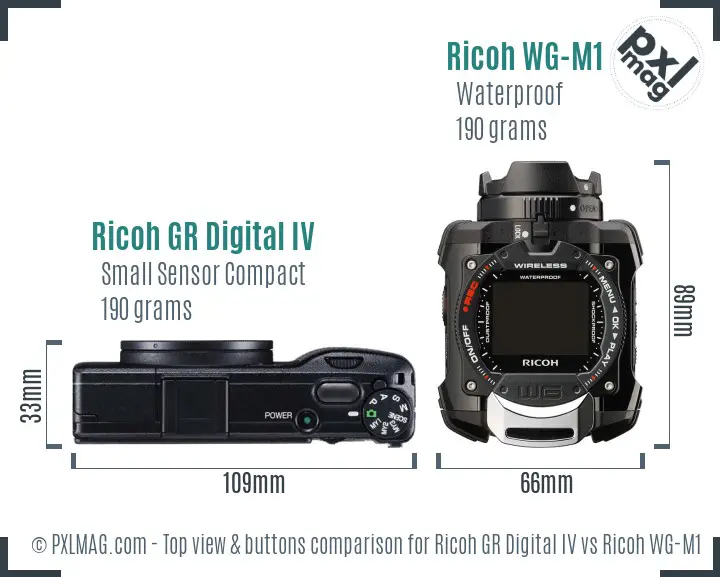 Ricoh GR Digital IV vs Ricoh WG-M1 top view buttons comparison