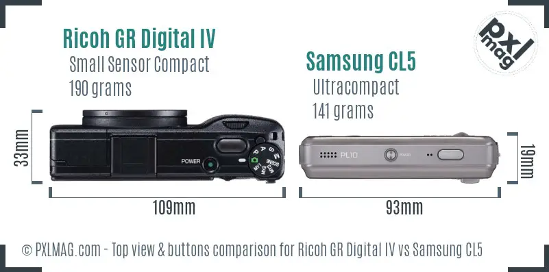 Ricoh GR Digital IV vs Samsung CL5 top view buttons comparison