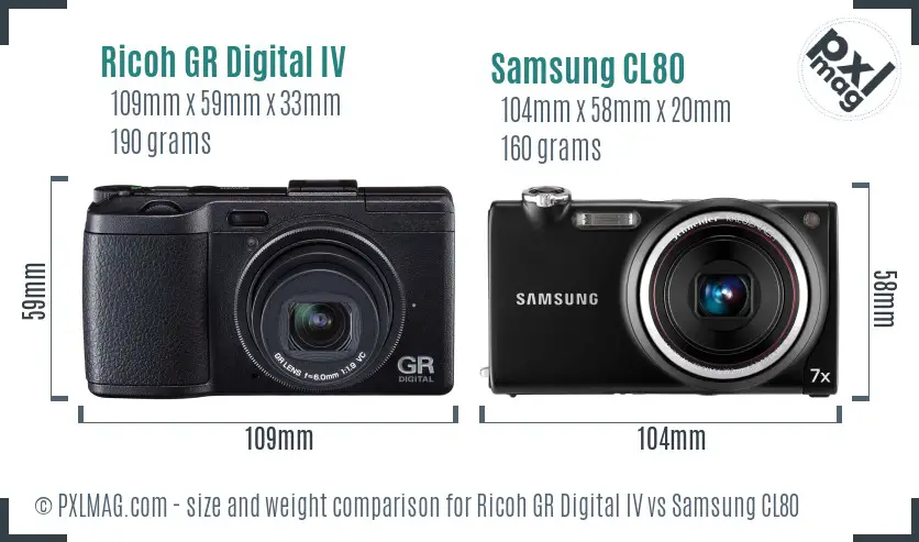 Ricoh GR Digital IV vs Samsung CL80 size comparison
