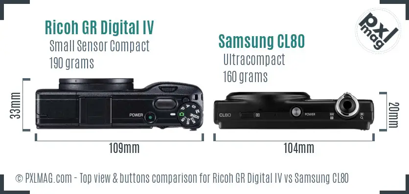 Ricoh GR Digital IV vs Samsung CL80 top view buttons comparison