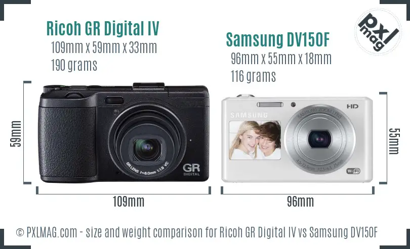 Ricoh GR Digital IV vs Samsung DV150F size comparison